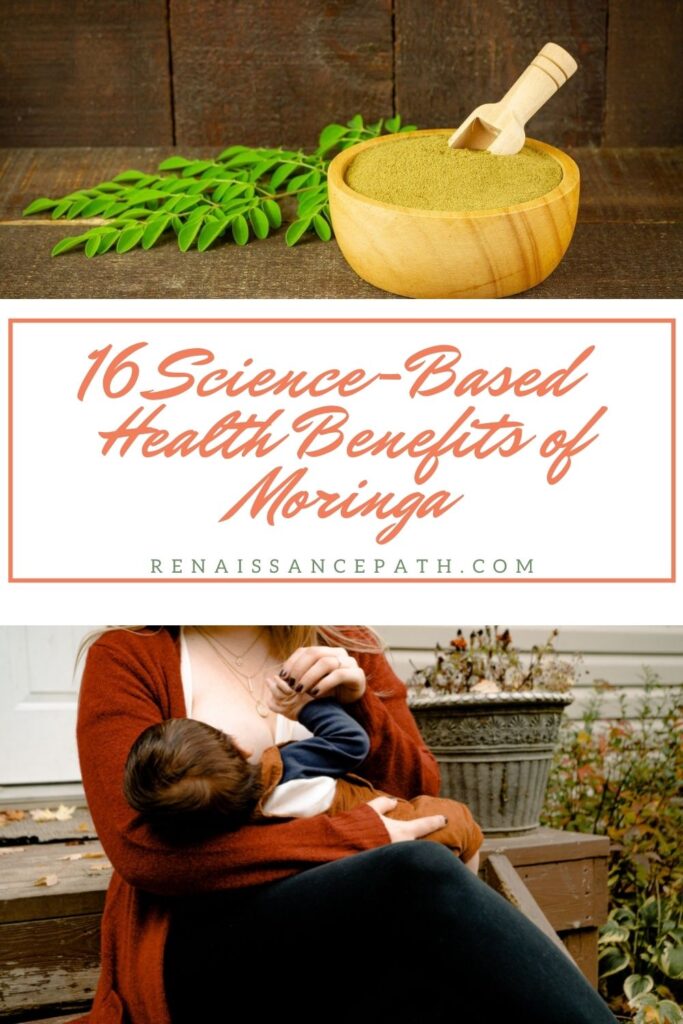 16 Science-Based Health Benefits of Moringa. Woman breastfeeding baby. Bowl of moringa powder